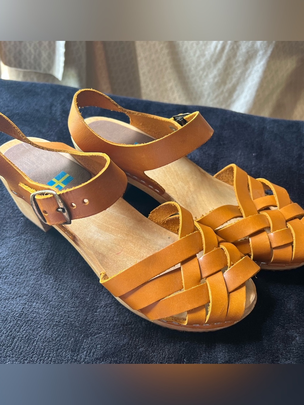 Swedish Mia Bety Tan Leather Woven Slingback Sandals with Wooden Platform Sole